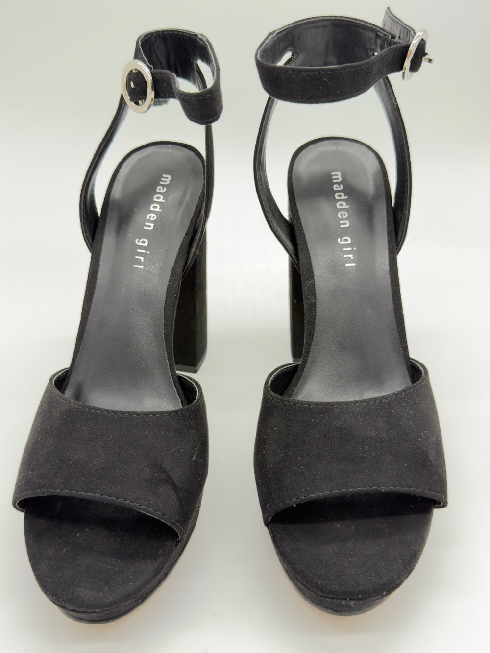 Madden Girl Black Suede Ankle-Strap Block Heels